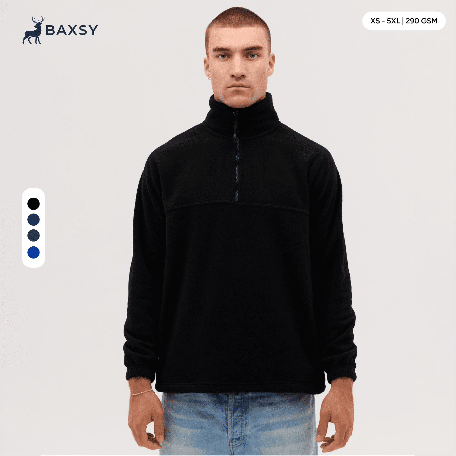 A black polar fleece 1/4 zip jacket displayed on a model, featuring a high collar and a logo. Everest Polar Fleece 1/4 Zip - Image 1