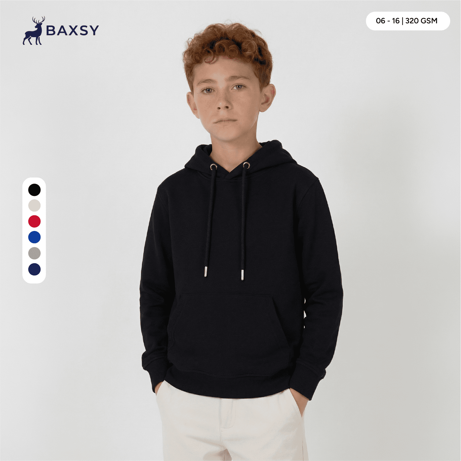 A youth hoodie in black with a drawstring hood, featuring a logo and available in multiple colours. Youth Base Hood - Image 1