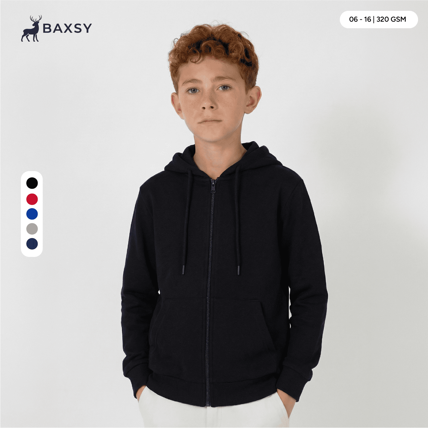 A zip hood in black with a hood, featuring a logo and various colour options available. Youth Jarvis Zip Hood - Image 1