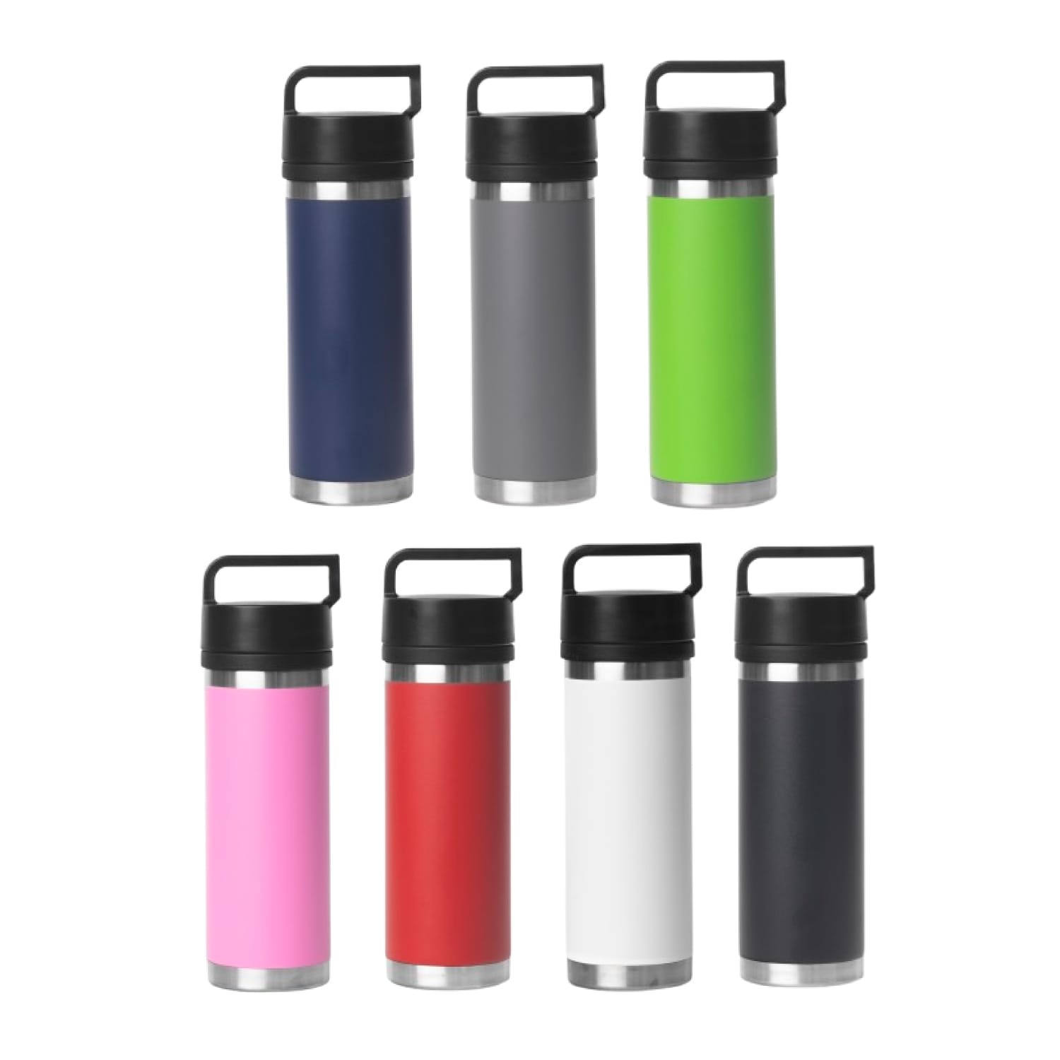 A drink bottle featuring a solid handle, available in various colours including navy, grey, green, pink, red, white, and black. 532ml Bell Bottle with Solid Handle - Image 1