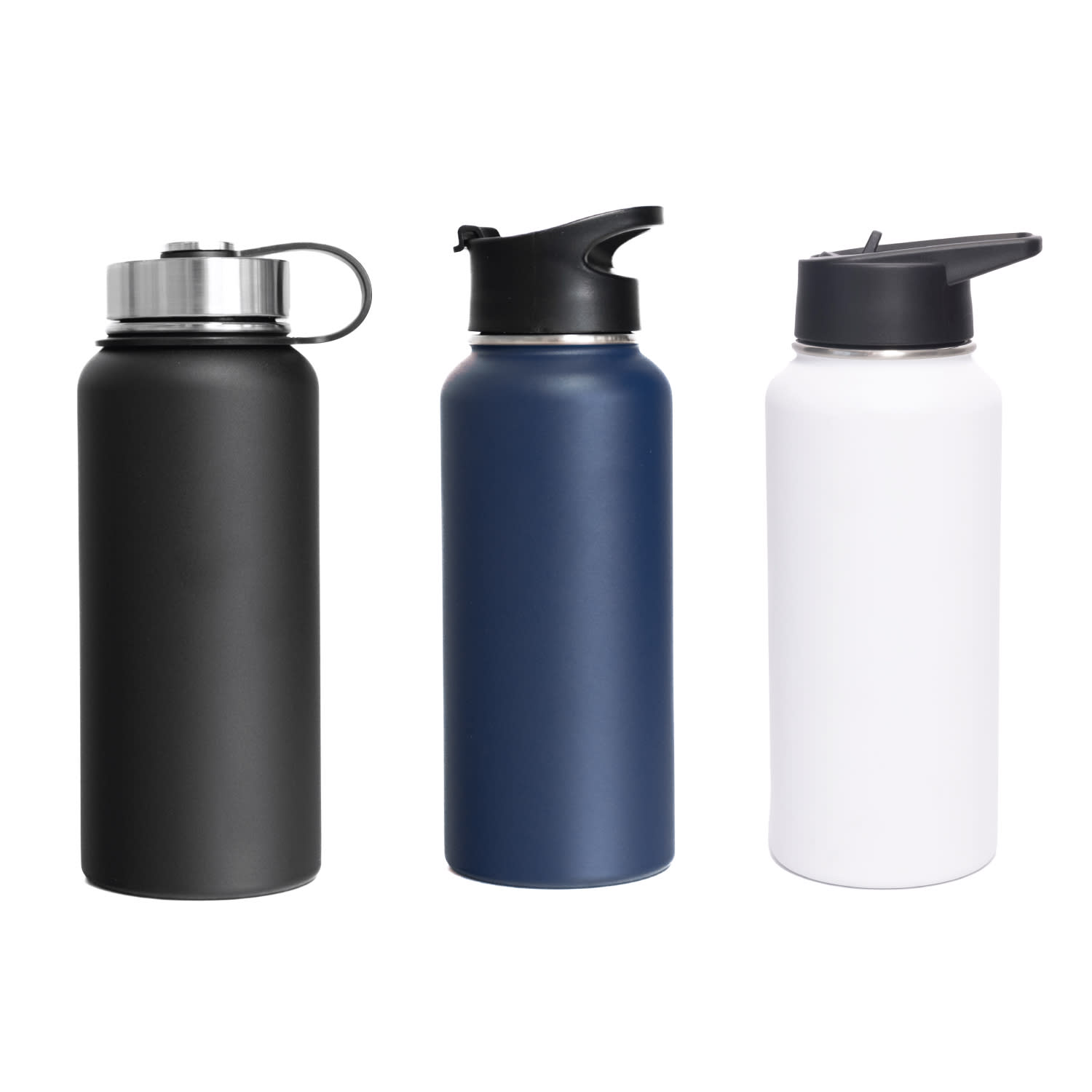 A drink bottle set featuring three 1L stainless steel options in black, navy, and white, with three different lids and a logo. Bell 3-In-1 Copper Vacuum Bottle Kit 950ml - Image 1