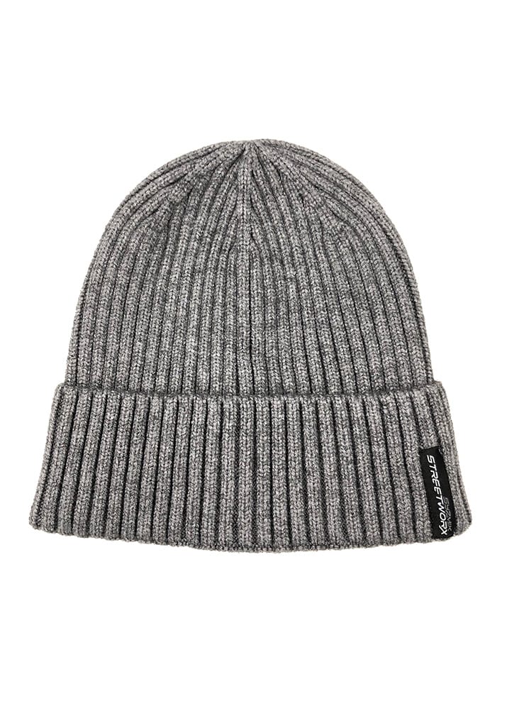 A grey beanie with a ribbed texture and a branding label on the side. Suitable for unisex wear. Unisex Streetworx Beanie - Image 1