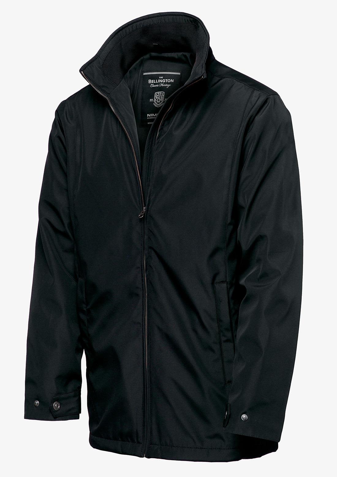 A black Bellington men’s jacket with a zip front, collar, and a logo on the inside label. Bellington Men Jacket - Image 1