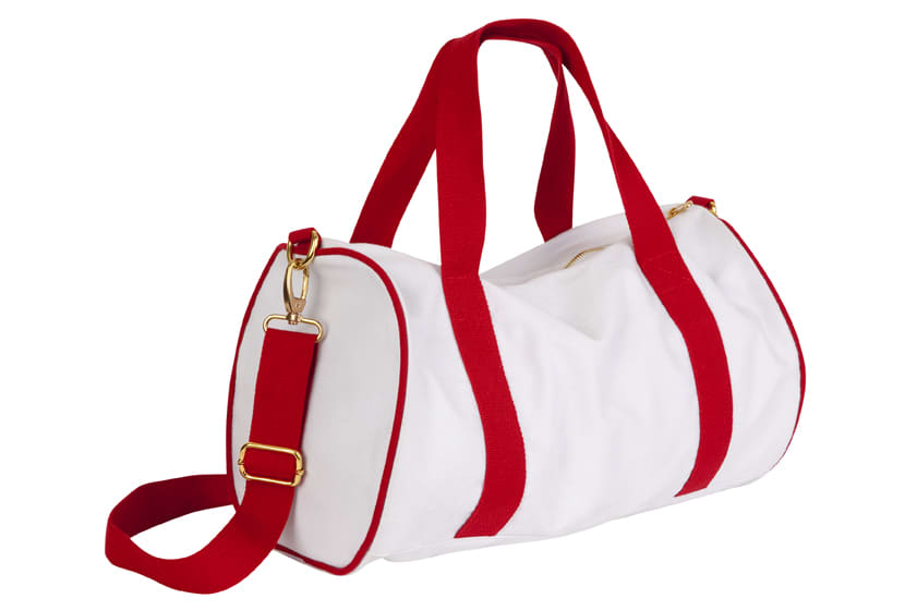 A white mini contrast bag with red straps and accents, featuring a gold zipper and a shoulder strap. Mini Contrast Bag - Image 1