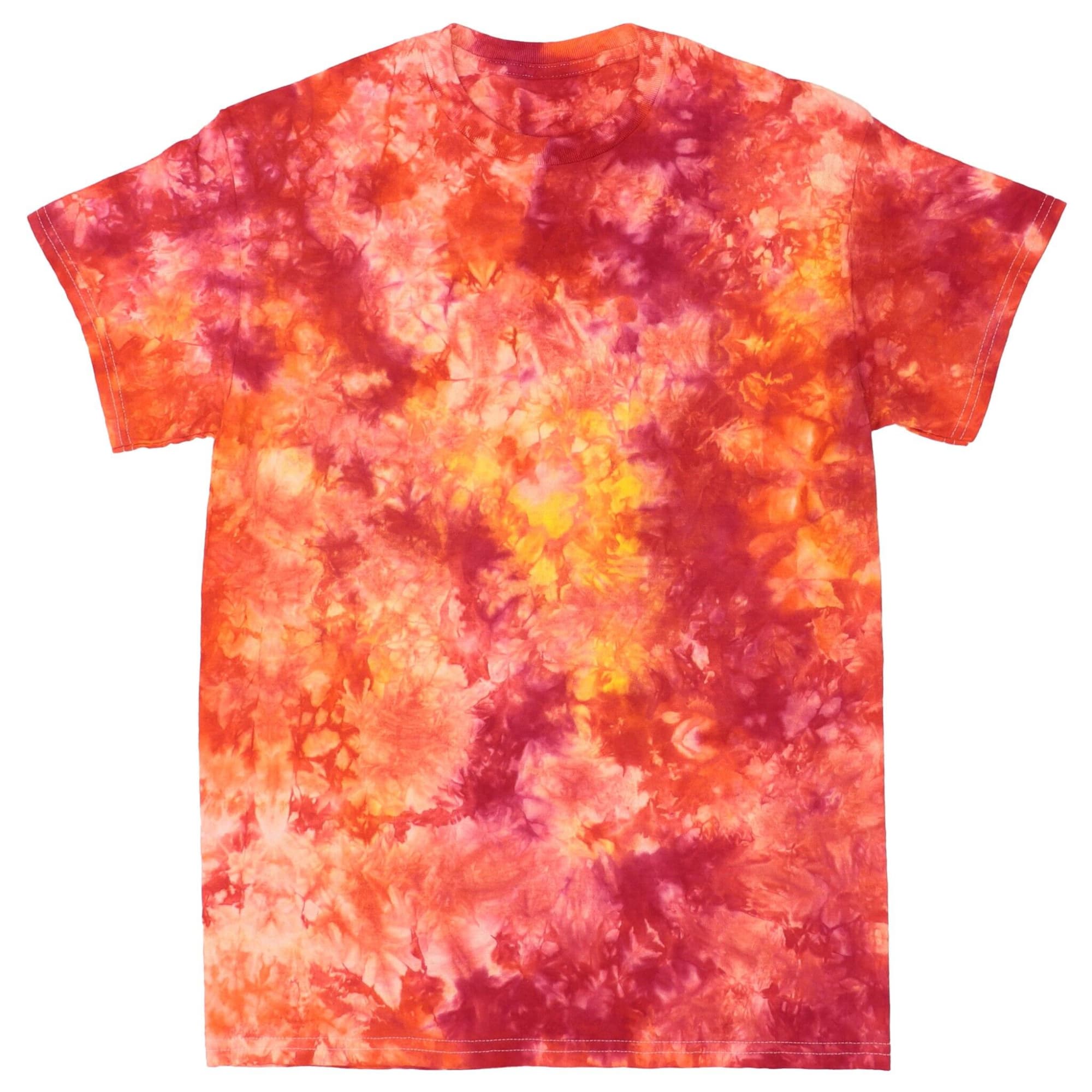 A tie-dye T-shirt featuring vibrant shades of orange, pink, and yellow, with an abstract pattern. It has a logo on the tag. Infusion Tie Dye T-Shirt - Image 1