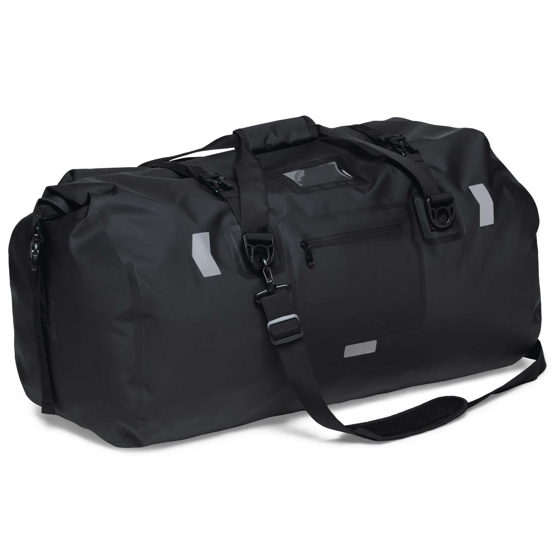 A black duffle bag with grey reflective accents and an adjustable shoulder strap. It features a zipped pocket on the side. Haul Pro 100L Duffle - Image 1