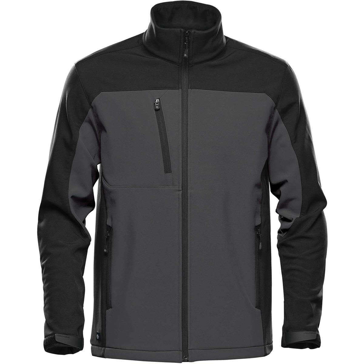 A softshell jacket in grey and black with a zippered chest pocket and two front pockets. It features a logo. Men's Cascades Softshell - Image 1