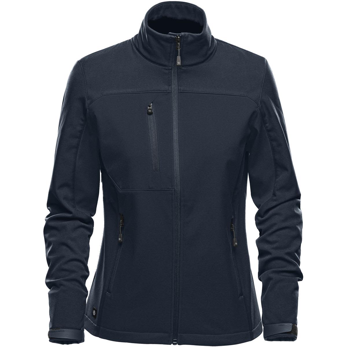 A women's softshell jacket in navy blue featuring a stand collar and multiple zippered pockets. It has a logo on it. Women's Cascades Softshell - Image 1