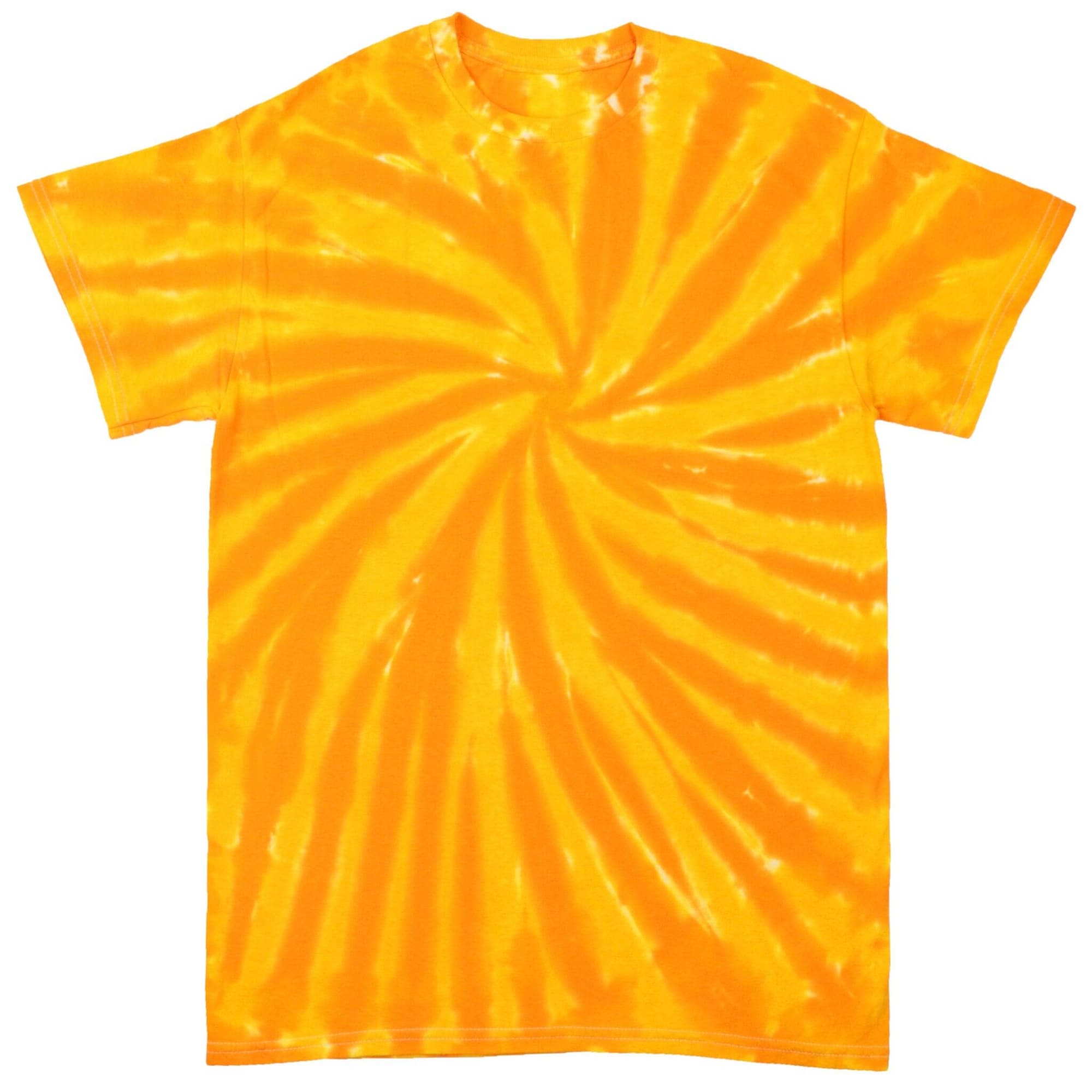 A tie-dye t-shirt in vibrant shades of yellow and orange with a spiral pattern and a logo. Tone on Tone Tie Dye T-Shirt - Image 1