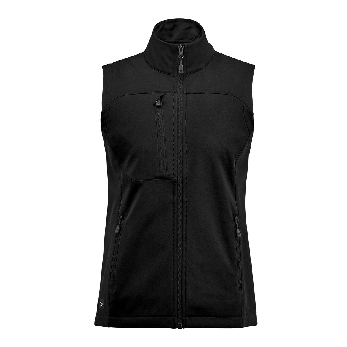 A women's black softshell vest featuring a high collar and zippered pockets, with a logo on the lower side. Women's Cascades Softshell Vest - Image 1