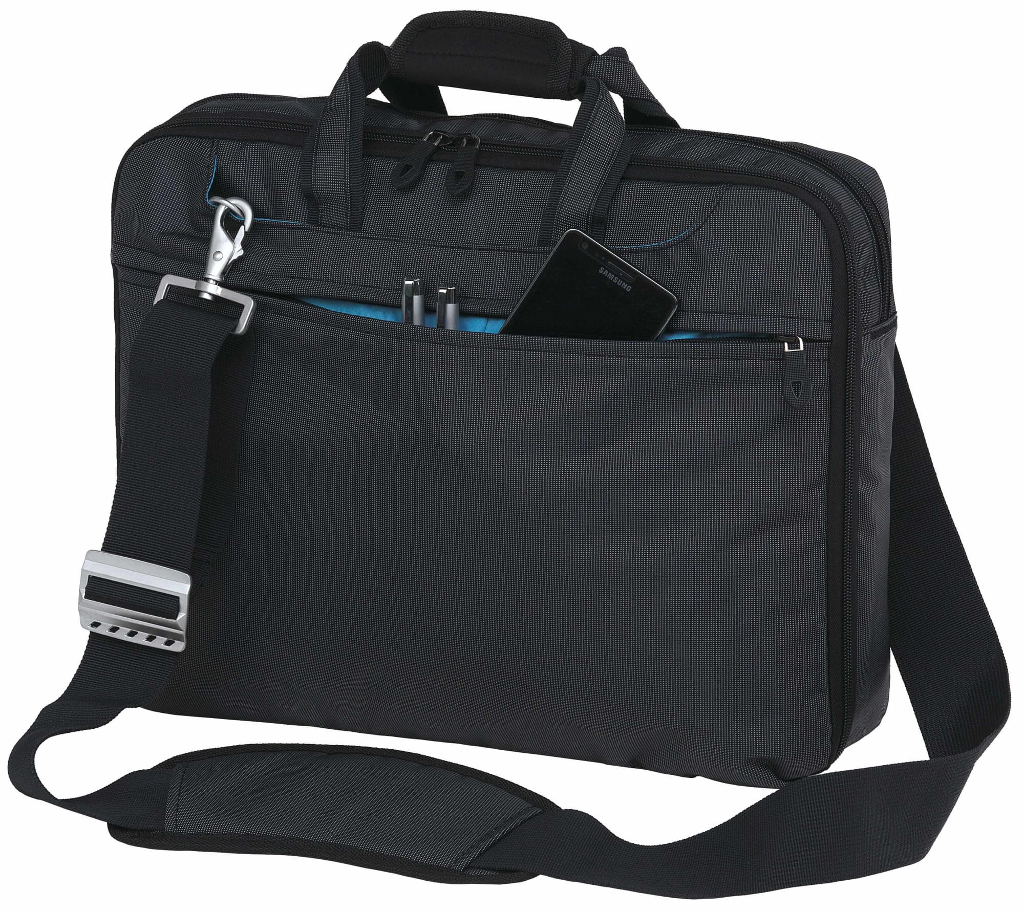 A grey laptop bag with a shoulder strap, featuring multiple compartments and a front pocket for a phone. Identity Brief Bag - Image 1