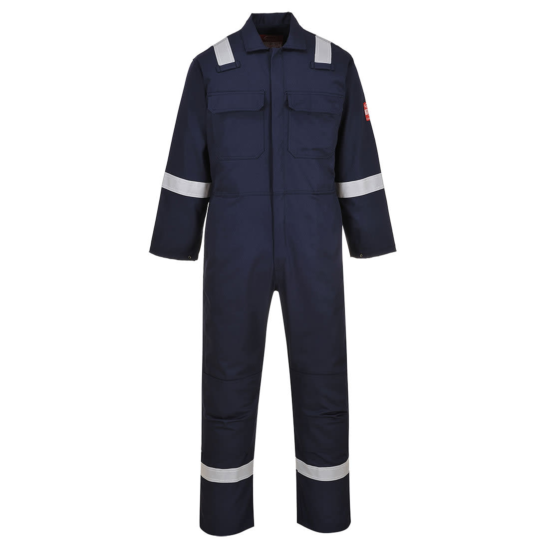 A navy blue coverall with reflective stripes, featuring multiple pockets and a logo on one sleeve. Bizweld FR Class D/N Iona Coverall - Image 1