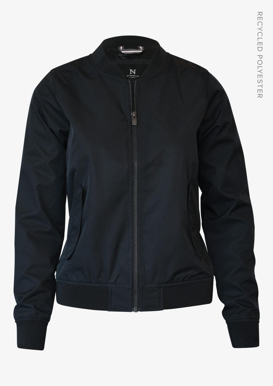 A black women's jacket featuring a zip front and ribbed cuffs, made from recycled polyester. It has a logo on the tag. Bleecker Women Jacket - Image 1
