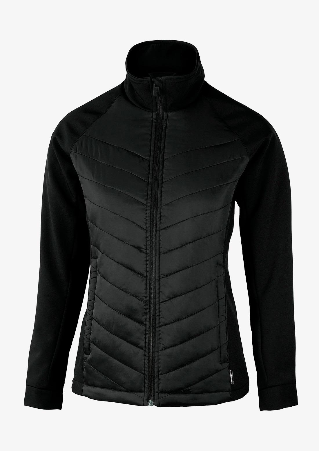 A black soft shell jacket with a zip front and chevron-patterned detailing on the body. It features a high collar and long sleeves. Bloomsdale Women Jacket - Image 1