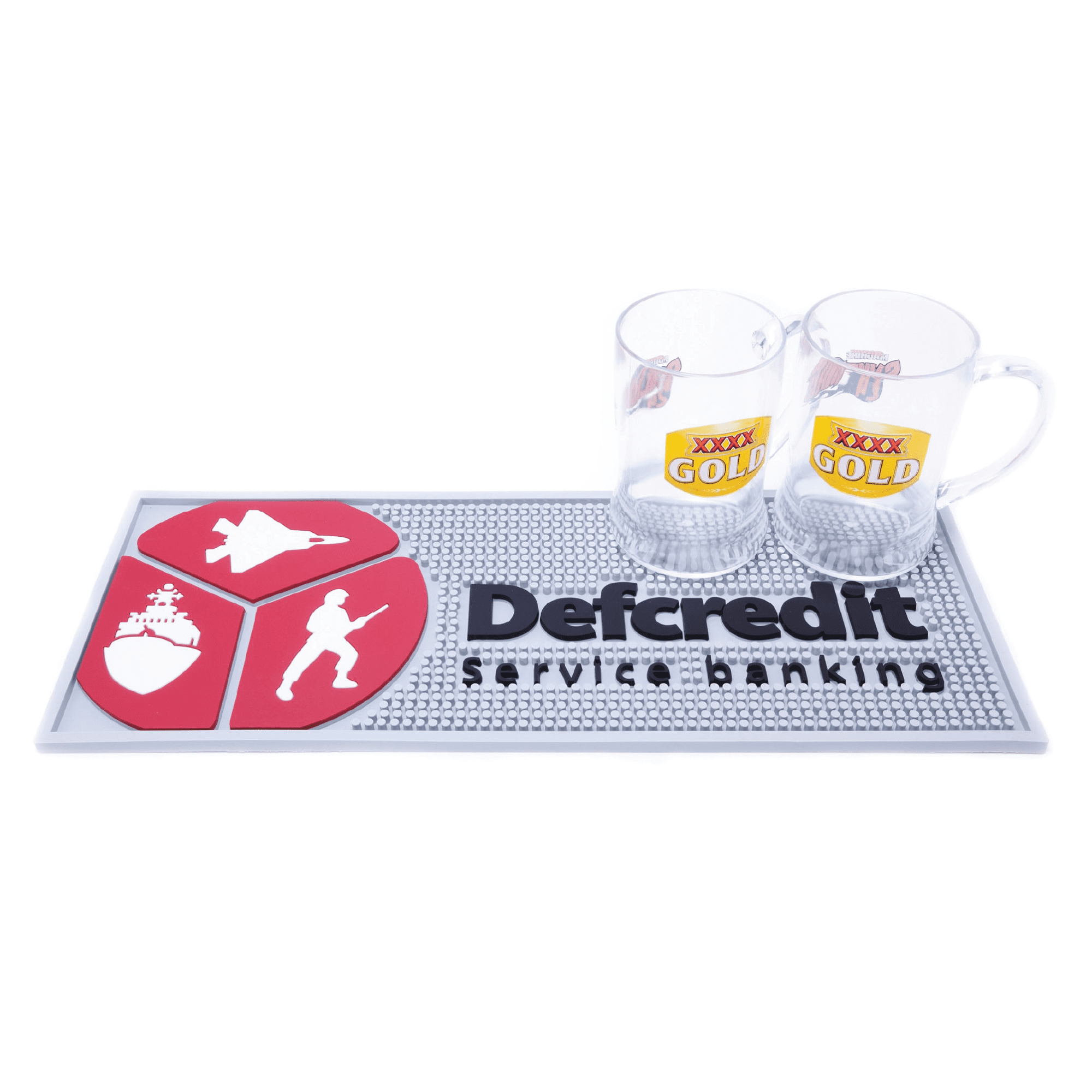 A rubber bar mat in grey featuring red designs and two clear drink mugs. The mat has a branded logo. Rubber Bar Mat - Image 1