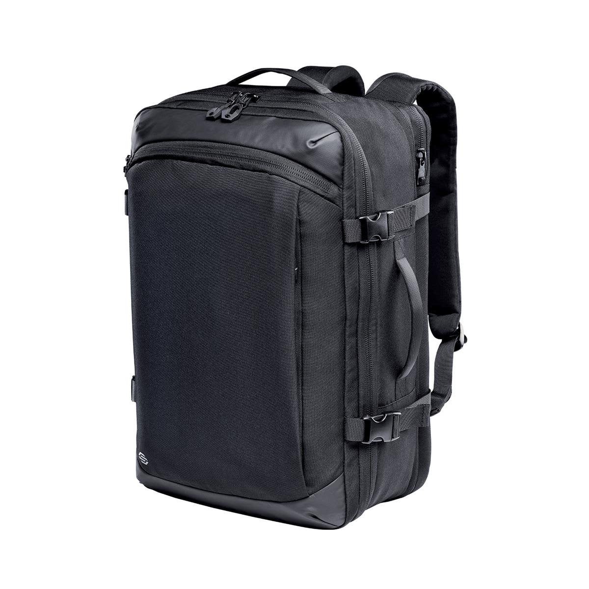 A black travel backpack featuring multiple compartments, adjustable straps, and a durable design. It has a logo on it. Hudson Travel Pack - Image 1