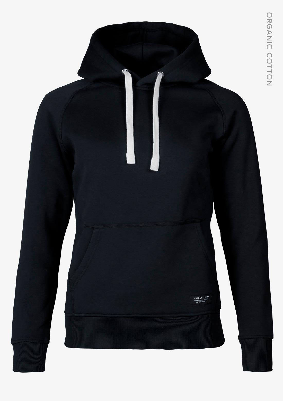A black hoodie with a front pocket and a drawstring hood, featuring a logo on the lower side. Brownsville Women Hoodie - Image 1