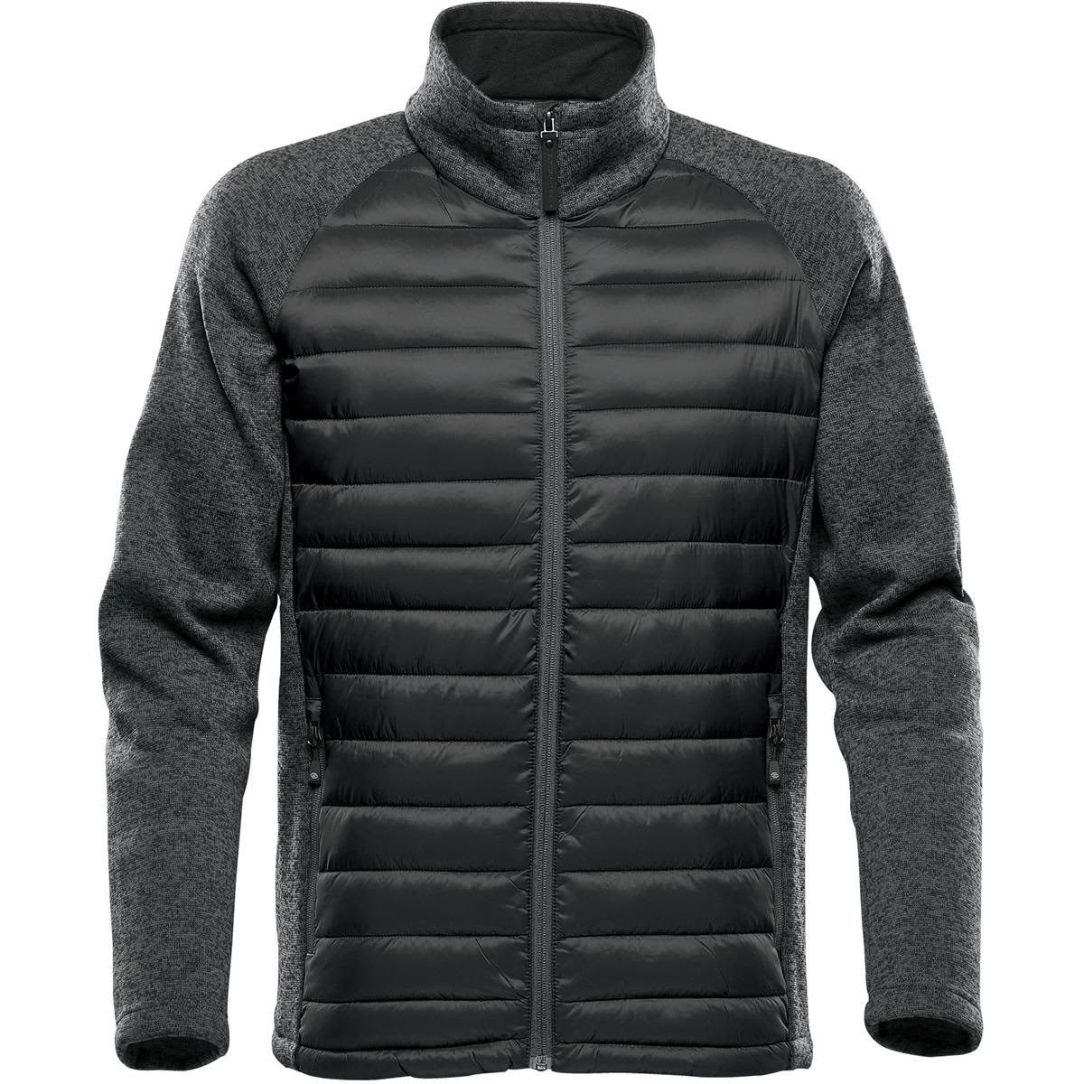 A men's hybrid jacket in dark grey with a quilted front and knit sleeves. Features a full zip and two side pockets. Men's Narvik Hybrid Jacket - Image 1