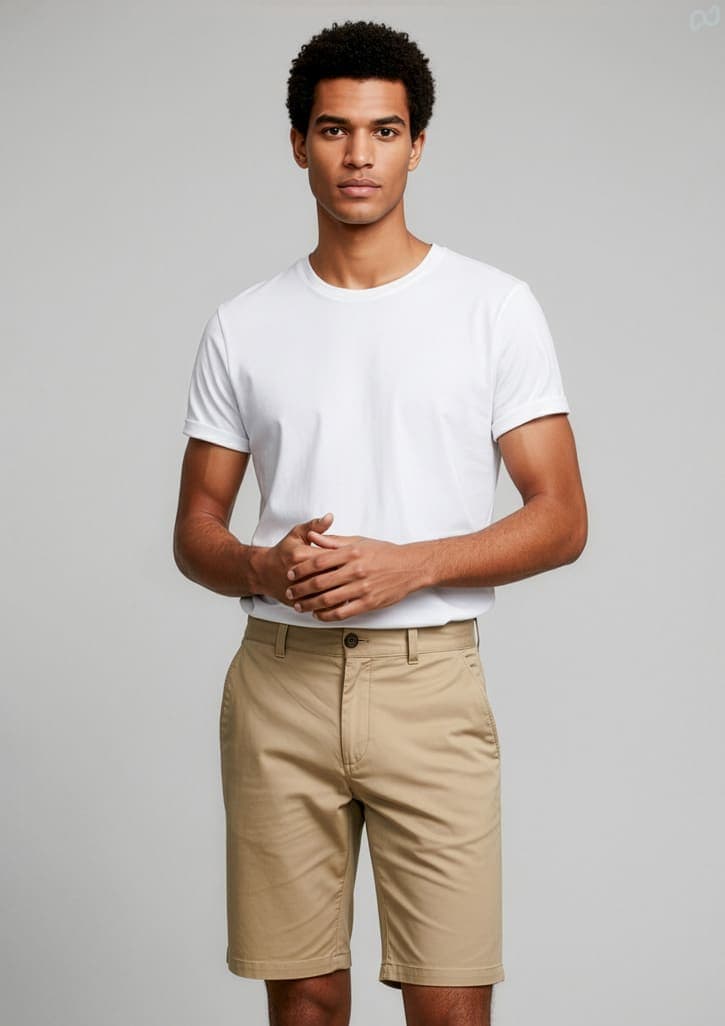 A model wearing beige dress shorts paired with a white t-shirt, standing against a plain background. Mens Lawson Short - Image 1