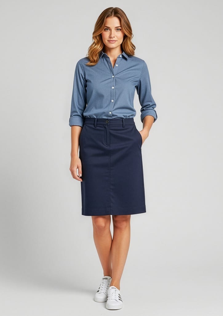 A woman in a blue shirt and navy Lawson skirt, standing confidently with one hand on her hip. Womens Lawson Skirt - Image 1