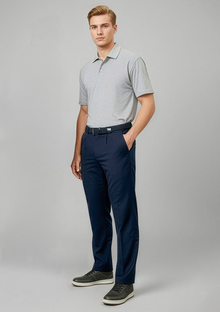 Men's navy trousers, styled with a grey polo shirt and a black belt, featuring a logo on the garment. Mens Detroit Pant (Regular) - Image 1
