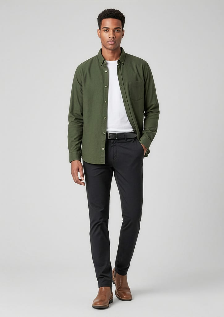 A man wearing black slacks and a green button-up shirt stands confidently, accessorised with brown shoes. Mens Venture Pant - Image 1