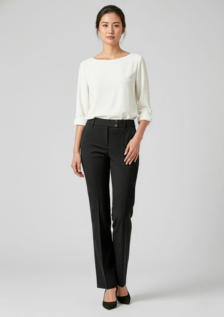 A woman stands in sleek black slacks paired with a light-coloured top and heels, showcasing a stylish look. Womens Stella Perfect Pant - Image 1
