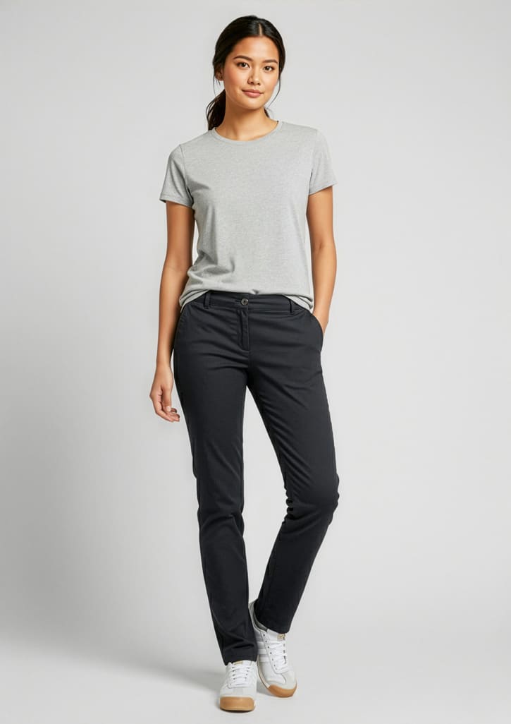 A woman stands in black chino pants and a grey t-shirt, smiling with one hand in her pocket. The image includes a logo. Womens Lawson Chino Pant - Image 1