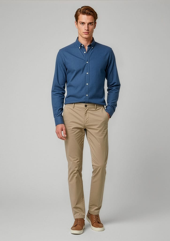 A man wearing a blue shirt and beige chinos, standing against a neutral background. The pants have a branding logo. Mens Lawson Chino Pant - Image 1