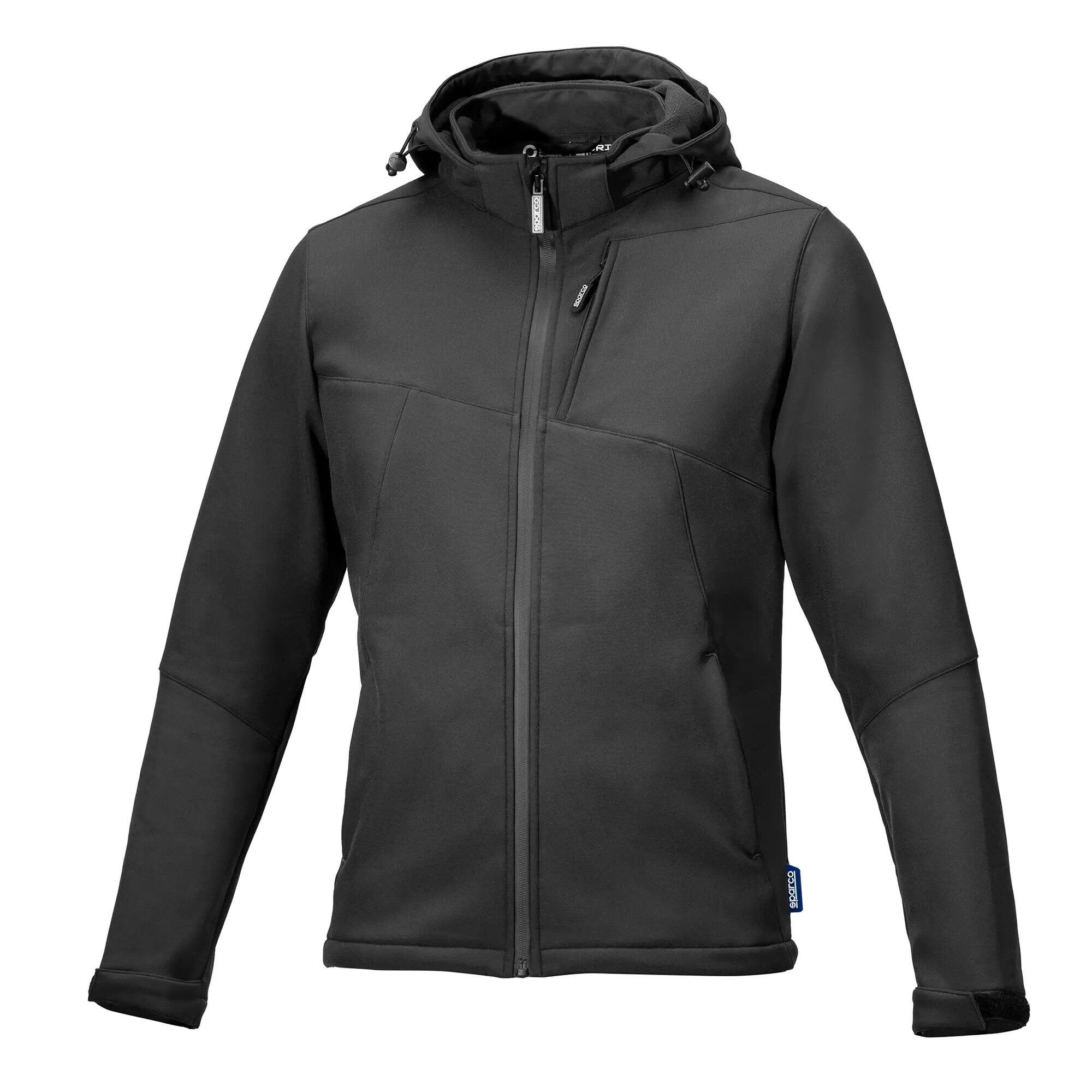 A black softshell jacket with a hood and zippered front, featuring multiple pockets and a logo. Grit Elias Softshell Jacket - Image 1