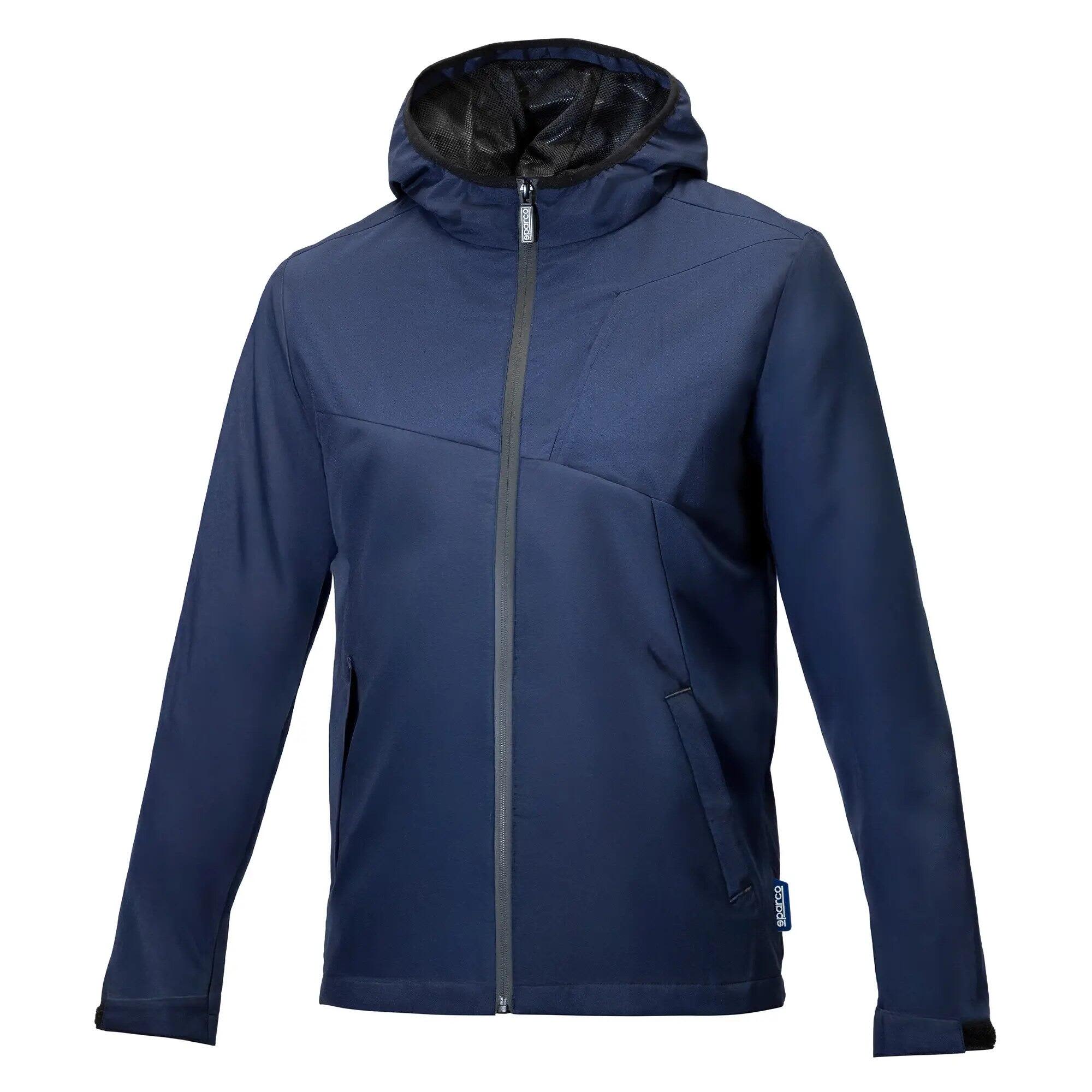 A navy windbreaker jacket with a hood, featuring a zip closure and side pockets, includes branding. Grit Elbert Windbreaker - Image 1