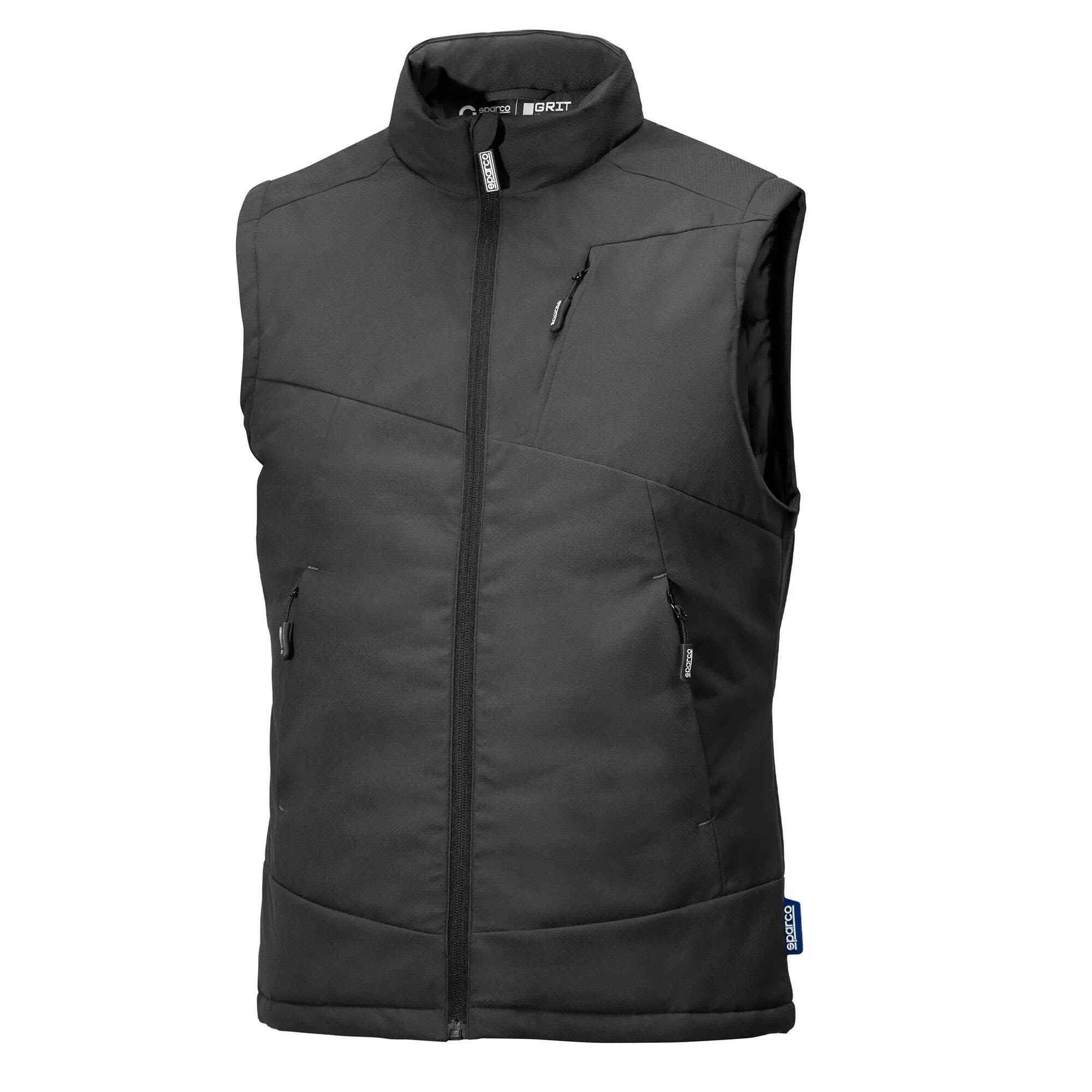 A black padded vest featuring a high collar and multiple zippered pockets. It includes a branding logo. Grit Sanford Padded Vest - Image 1