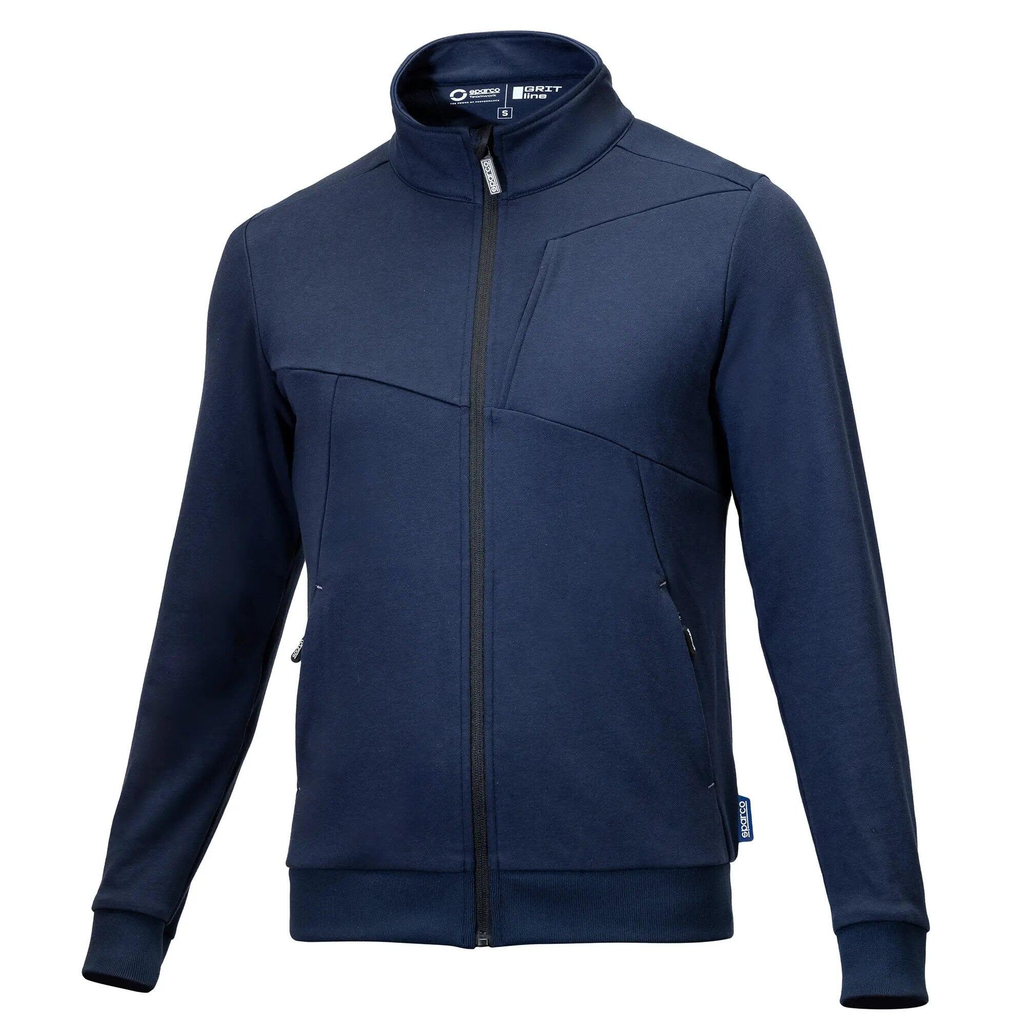 A full zip jacket in navy blue with a high collar and zippered pockets, featuring a logo. Grit Plata Full Zip Jacket - Image 1