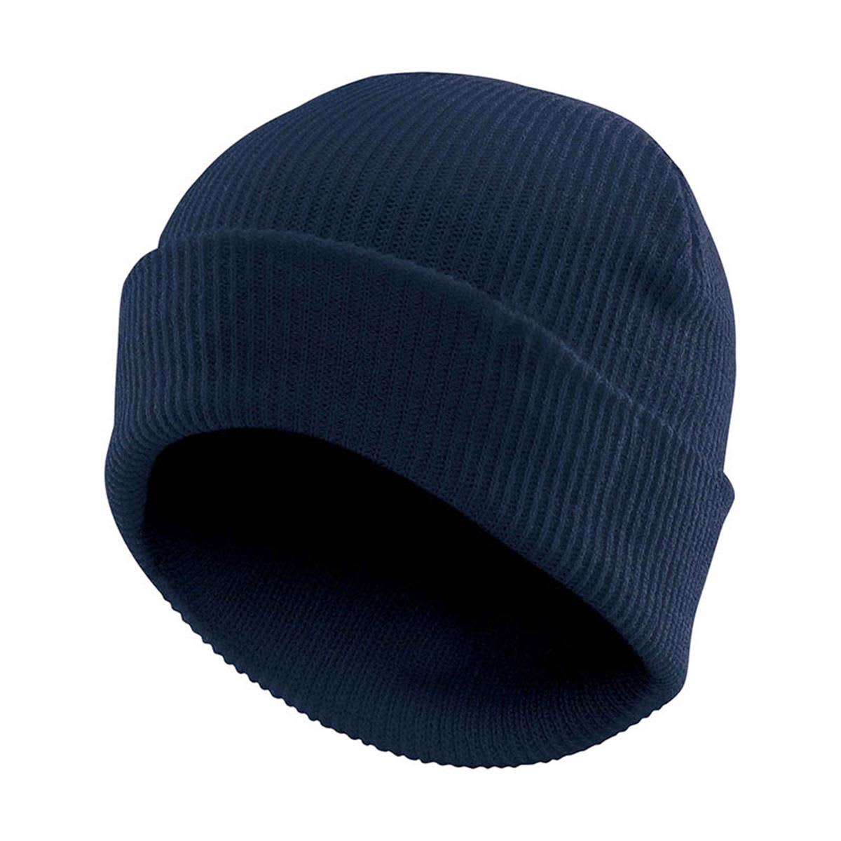 A vintage knit beanie in navy blue with a ribbed texture and a folded cuff. It features a logo. Vintage Knit Beanie - Image 1