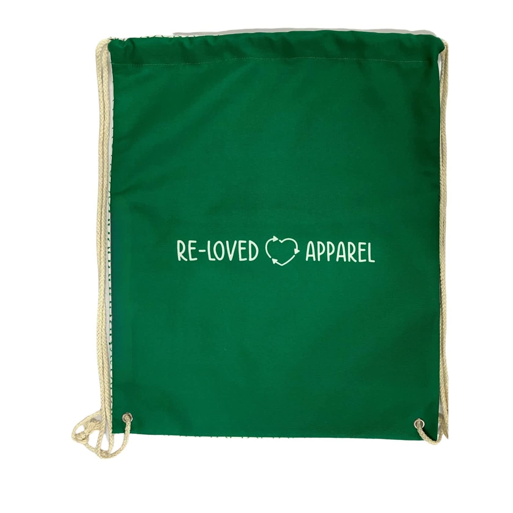 A green drawstring backpack with cream cords and a logo on the front. Byron Organic Cotton Drawstring Backpack - Large - Image 1