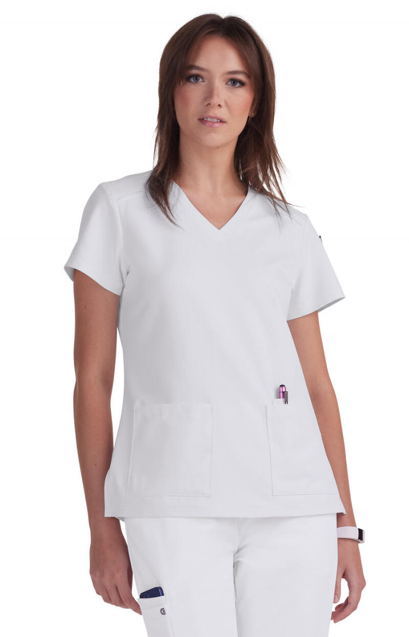 A white medical scrub top with a v-neck and two front pockets, featuring a small logo. Cardi Top - Image 1
