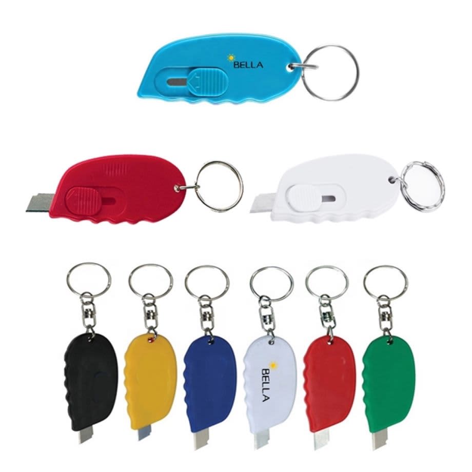 A keyring with a mini blade in blue, red, white, yellow, and green colours, featuring a logo. Mini Blade with Keyring - Image 1