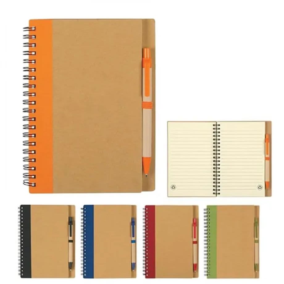A notebook with a pen attached, featuring multiple colour options including orange, navy, red, green, and classic brown. Notebook with Pen - Image 1