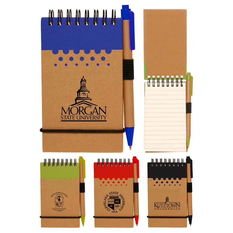 A spiral notebook with a pen, featuring various colours and a logo, plus an additional notepad. Spiral Notebook Jotter with Pen - Image 1