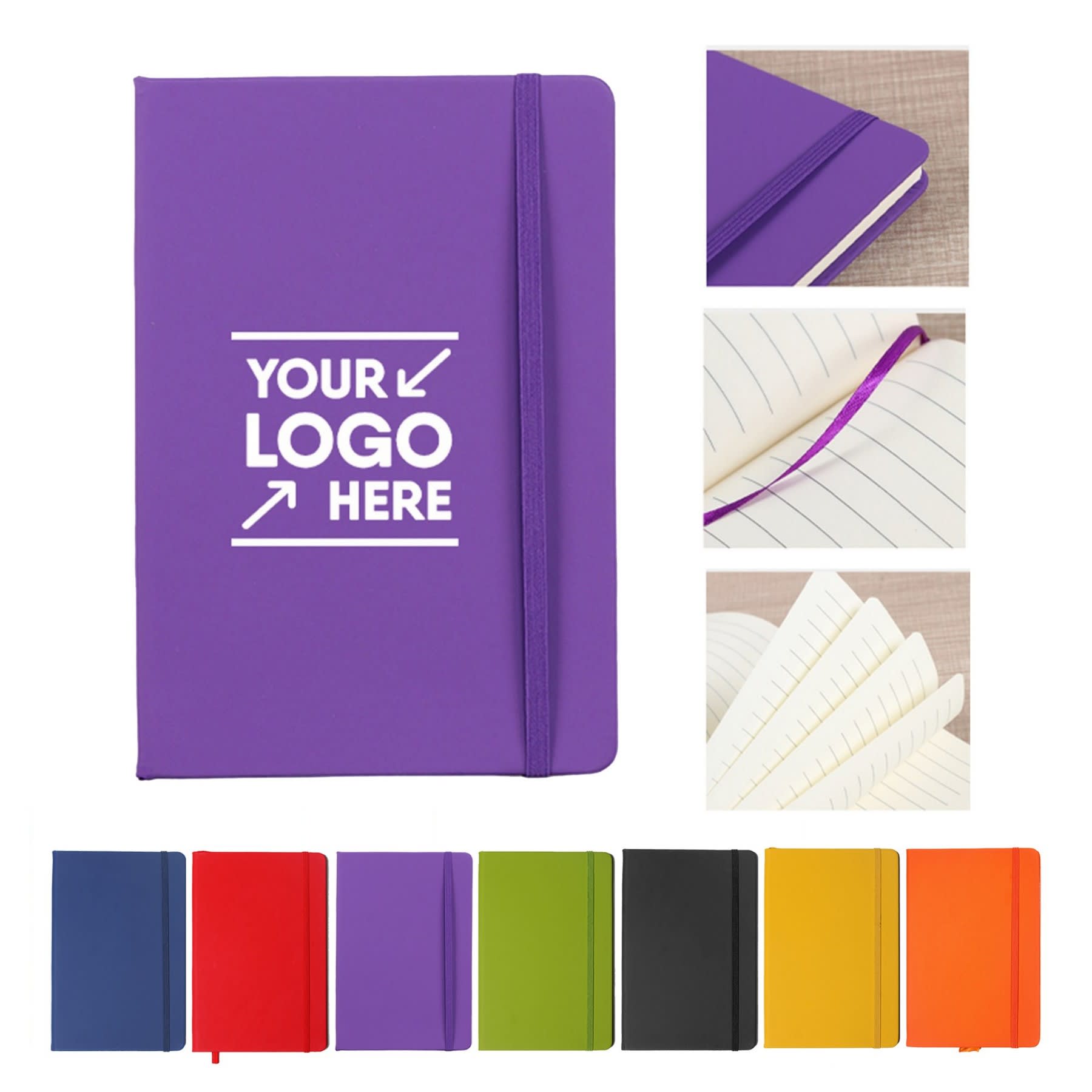 A purple notebook with an elastic band and a logo area, alongside samples of various coloured notebooks. Notebook - Image 1