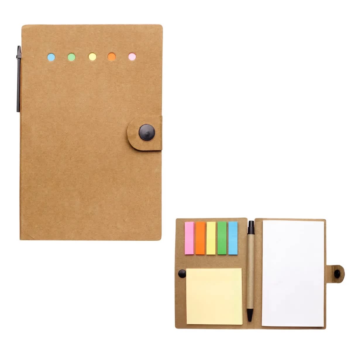 A tan journal with sticky notes, flags, and a black pen, featuring a button closure and a minimalist design. Journal with Sticky Notes and Flags & Pen - Image 1