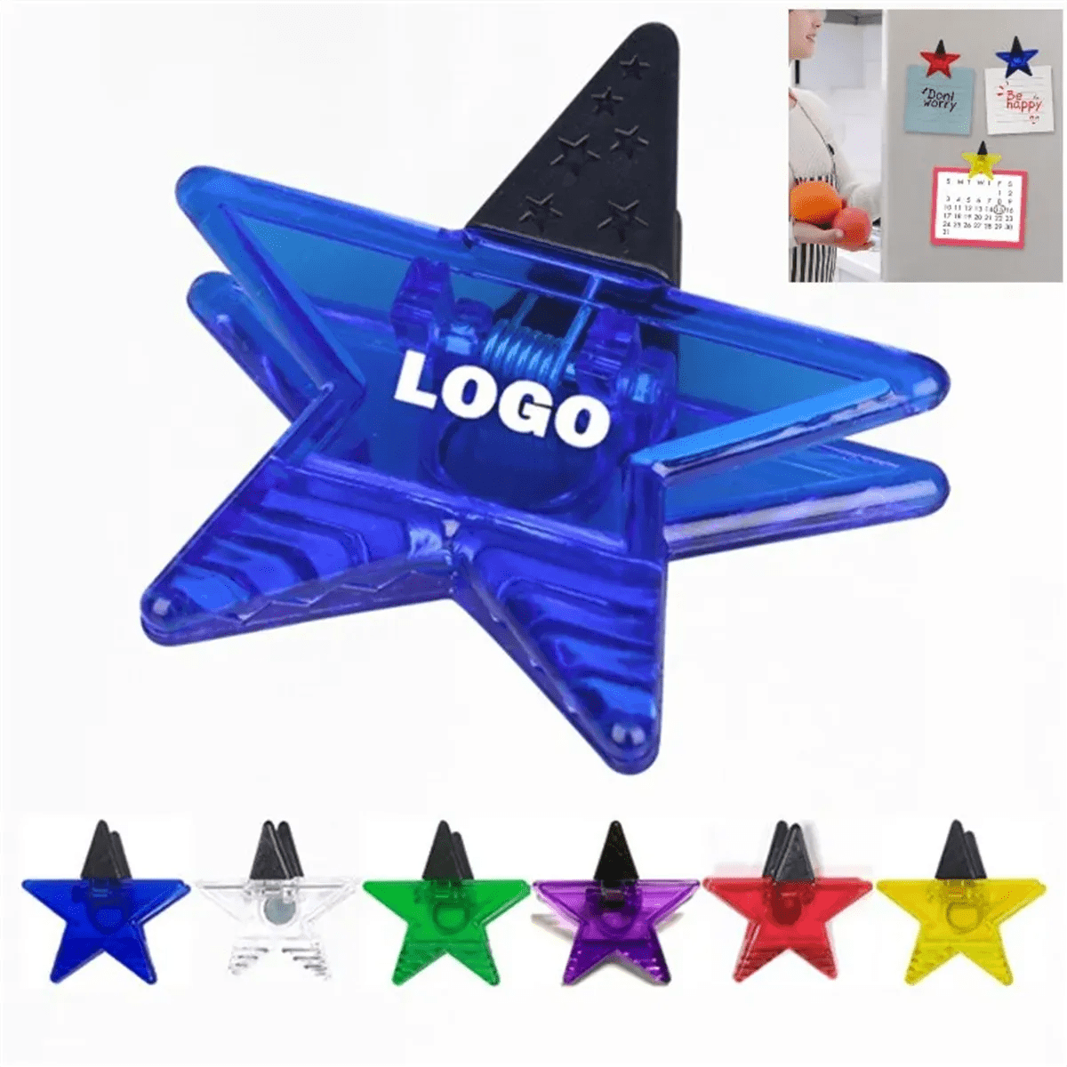 A star-shaped power clip in blue, with a logo, displayed with other coloured clips: clear, green, purple, red, and yellow. Star Shaped Power Clip - Image 1