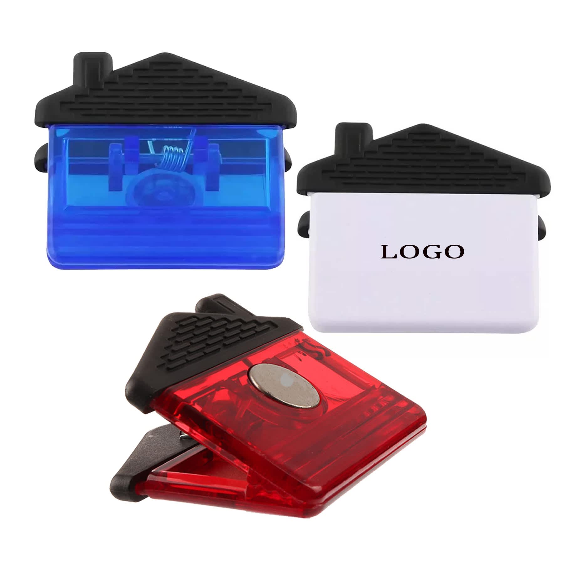 A set of house-shaped magnetic memo clips in blue, white, and red, featuring a logo on the white clip. Jumbo Size House Magnetic Memo Clip - Image 1
