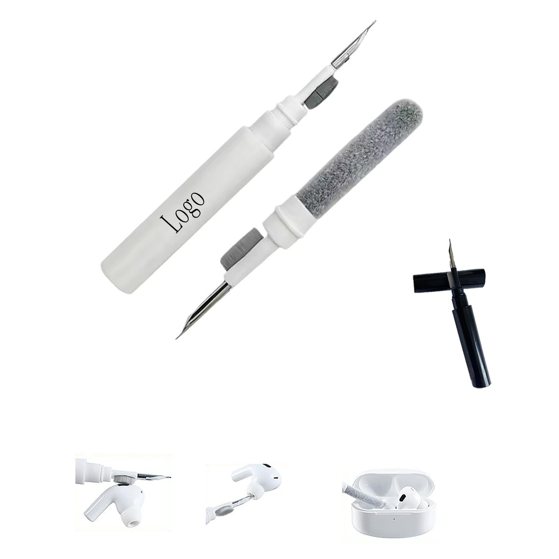 A 3 in 1 earphone cleaning kit featuring a white cleaning tool, a grey brush, and a black detail tool. 3 In 1 Earphone Cleaning Kit - Image 1