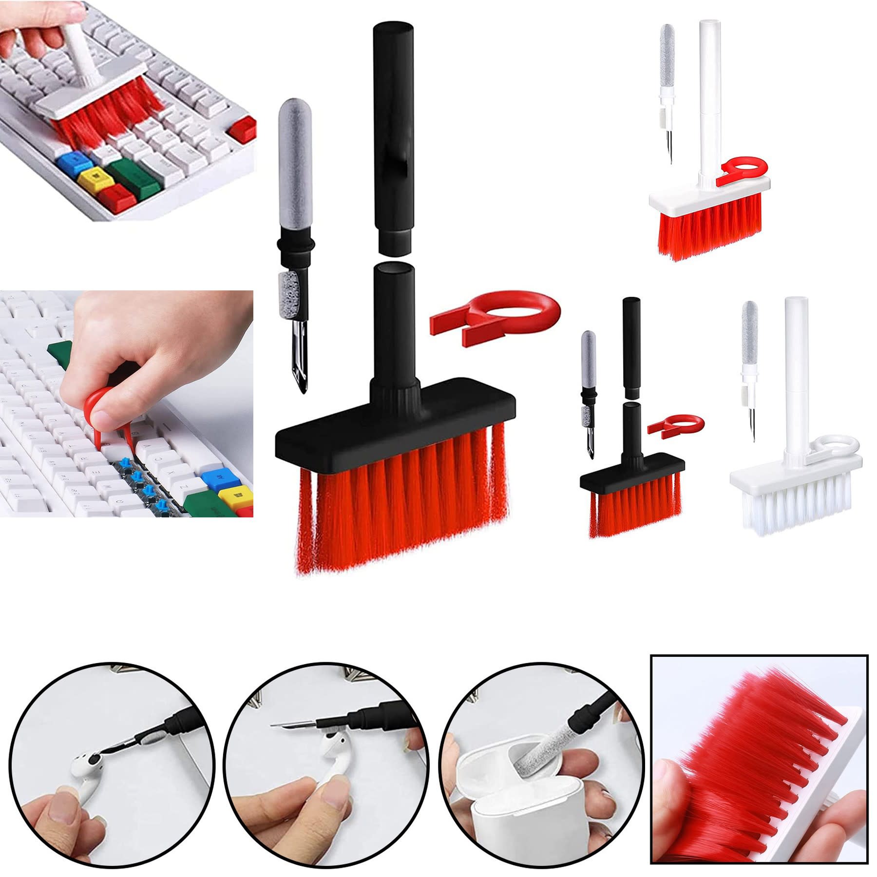 A cleaning set featuring a red brush, white tools, and a keycap puller designed for keyboard and earphone maintenance. 5 In 1 Keyboard And Earphone Cleaner Set - Image 1