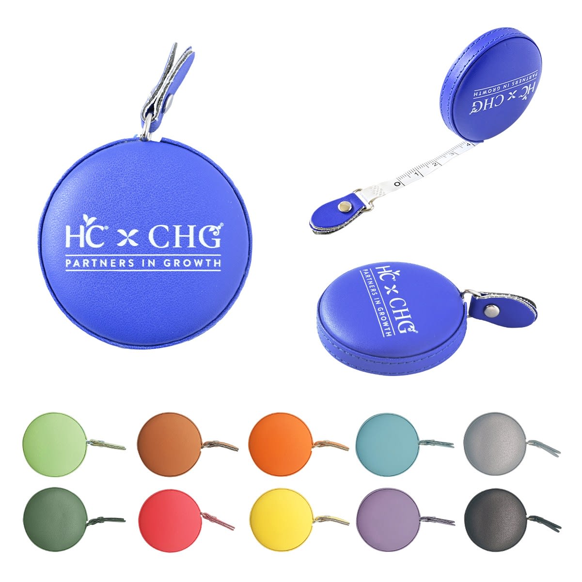 A purple PU leather mini tape measure with a keyring attachment, featuring a circular design and various colour options shown below. PU Leather Mini Tape Measure - Image 1