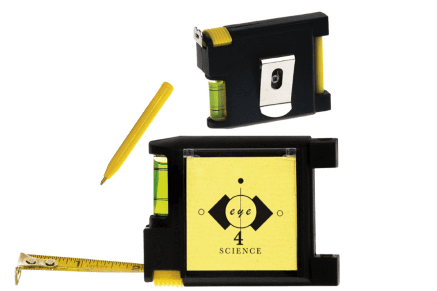 A multi-purpose tape measure in black and yellow, featuring a built-in level and a pencil for marking measurements. Multi-Purpose Tape Measure - Image 1