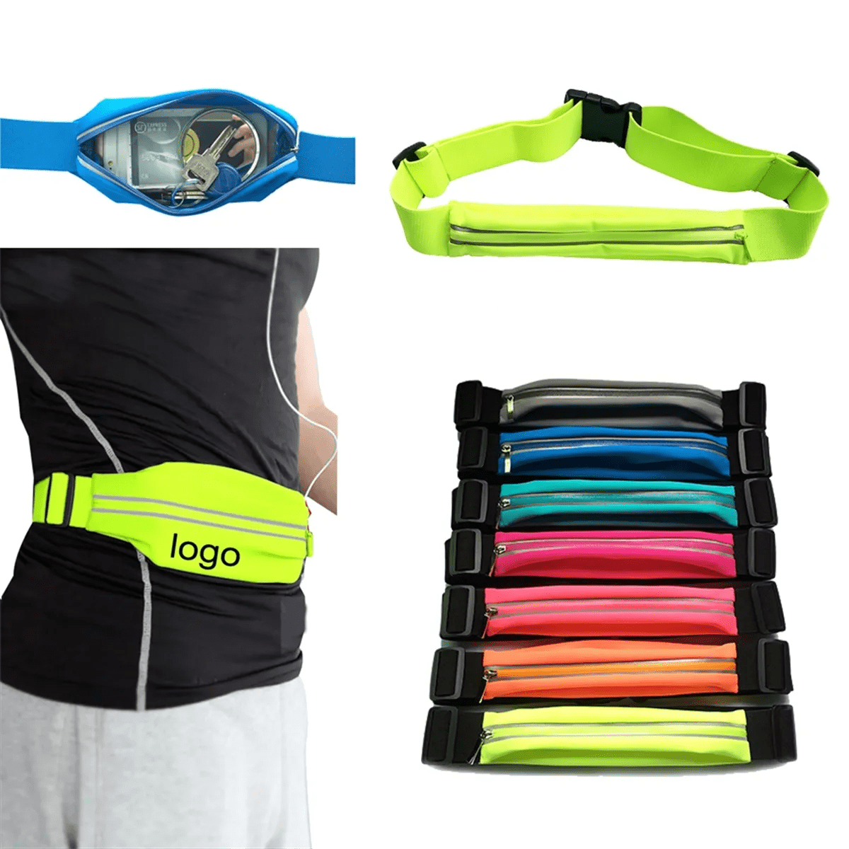 A collection of sports waist bags in neon colours, featuring a logo, with various styles and adjustable straps. Sports Waist Bag - Image 1
