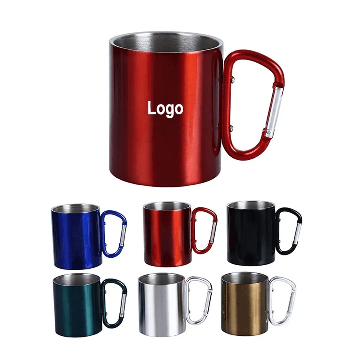A camping mug with a carabiner handle in red, blue, black, silver, green, and gold finishes, featuring a logo. Camping Mug with Carabiner Handle - Image 1