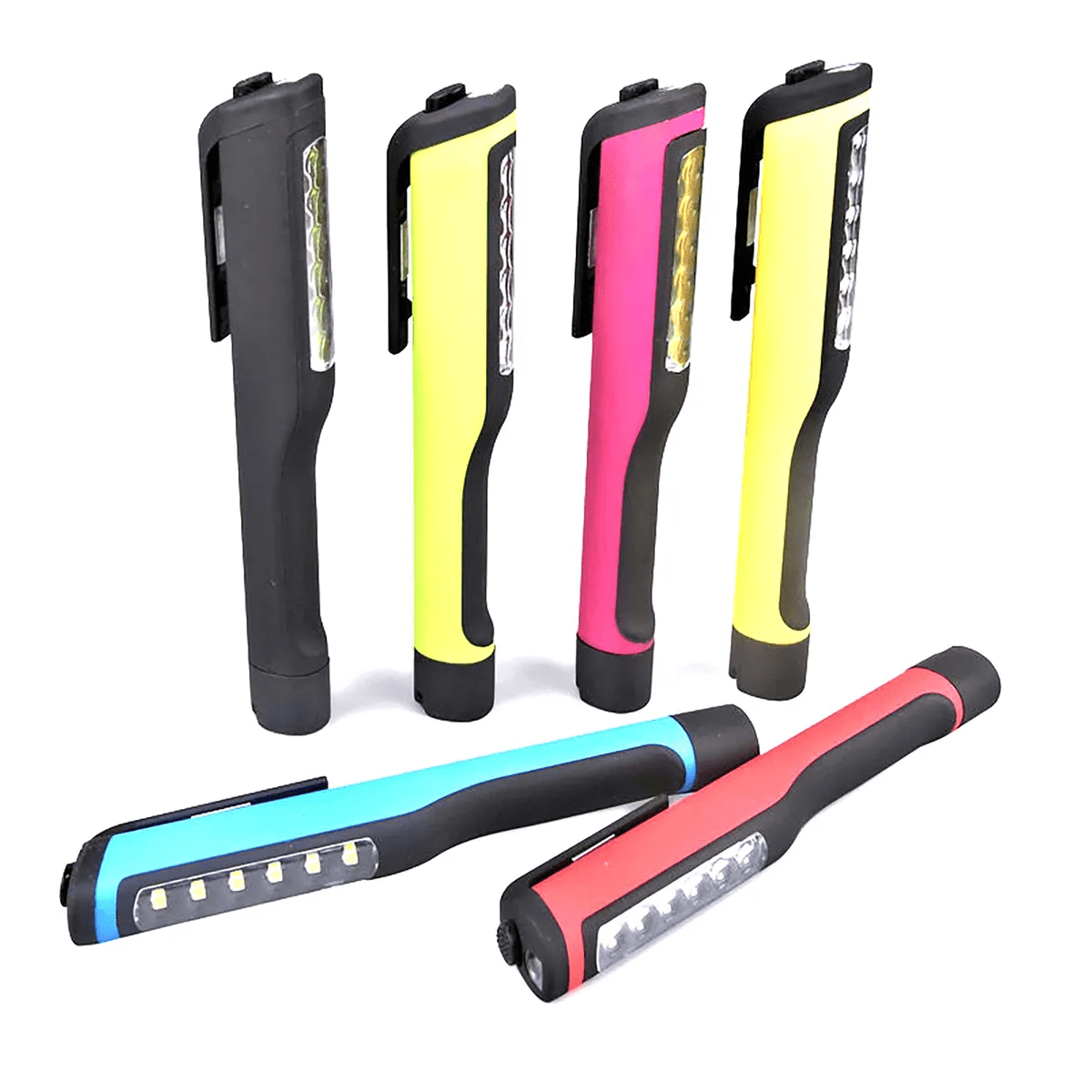 A collection of penlights with magnetic clips in black, yellow, pink, blue, and red, featuring LED lights. Penlight with Magnetic Clip - Image 1